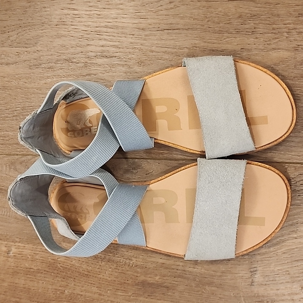 Sorel Ella Sandals Cross Ankle Straps Sage Green Casual Leather Elastic Size 8